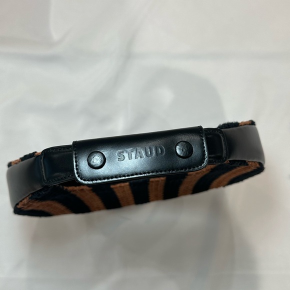 Staud Raffia Moon Tote, Black Leather & Tan Woven Bag - Picture 8 of 12